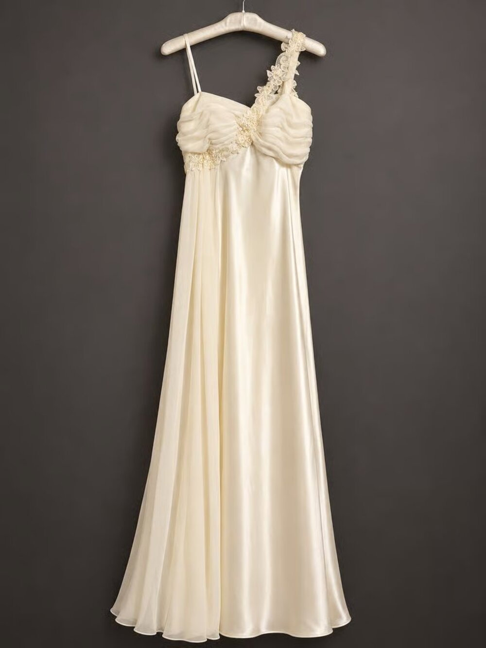 Women's White Satin Lace Trim One Shoulder Nightgown Maxi Dress
